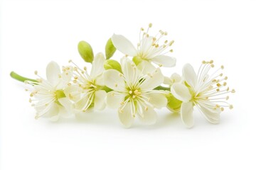 Delicate white cherry blossoms arranged artistically on a bright background, symbolizing spring