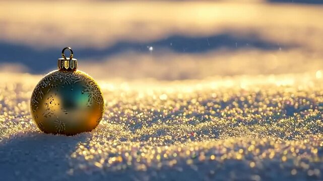 Golden bauble shimmering in sunlit snow: a journey through glowing winter scenery