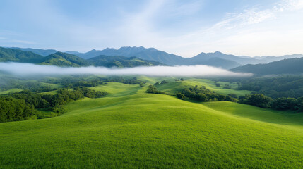 Fototapeta premium Lush green hills under soft fog with mountains in background create serene landscape