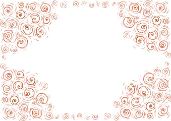 Frame of patterns in each corner of background. Patterns consist of spirals, circles, curls. Different sizes. Line art, doodle. Brown red color. White copy space. Wedding invitation, card, certificate