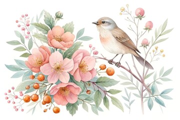 Watercolor Bird and Floral Illustration with Orange Berries and Pink Blooms"
