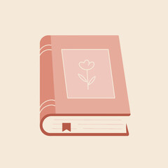 A charming illustration of a pinkish book adorned with simple floral decorations against a neutral backdrop, embodying elegance and minimalistic aesthetic.

