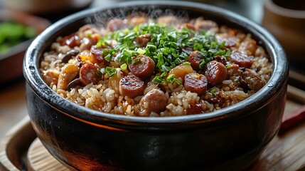 Cantonese Clay Pot Rice Topped With Chinese Sausage, Chicken, And Shiitake Mushrooms, Sizzling Steam Rising 