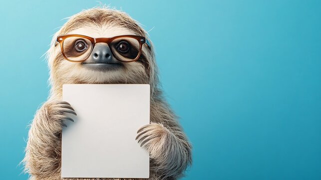 Funny Sloth with Glasses Posing With Blank Sign Template for Your Message Over Blue Isolated Background Suitable