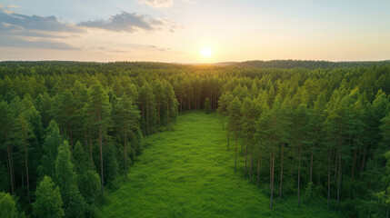 Sunset over lush green forest with vibrant trees and open grassy area