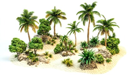Group of small, lush islands with palm trees and bright sand on white background.