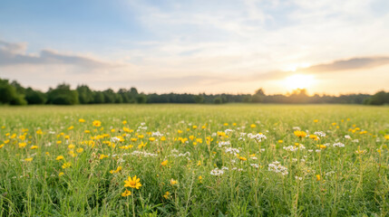 Golden hour wildflowers in serene field with soft background, creating peaceful atmosphere