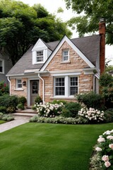 Charming cottage nestled amongst vibrant blooms, lush green lawn - Garden Bright Exterior