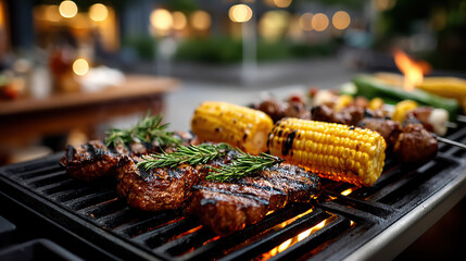 Grilled meat and vegetables with herbs on barbecue, creating warm and inviting atmosphere