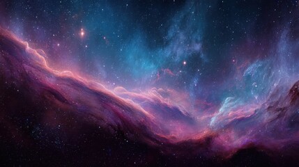 Obraz premium A vibrant, colorful nebula with stars and cosmic clouds glows in deep space, showcasing the beauty of the universe.