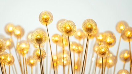 Group of staffs with bright golden orbs radiating warm light on white background.