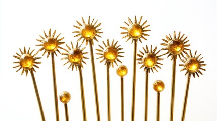 Obraz premium Group of staffs with golden sun-shaped tops radiating warm light on white background.