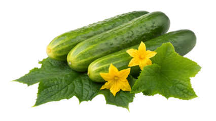 Cucumbers with blossoms and leaves isolated on transparent background