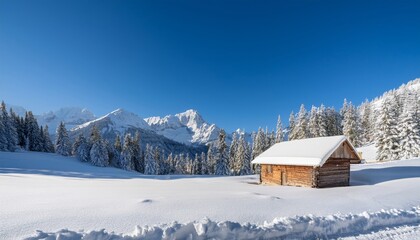 A wooden cabin sits in a snowy landscape with pine trees and majestic mountains under a clear blue sky.