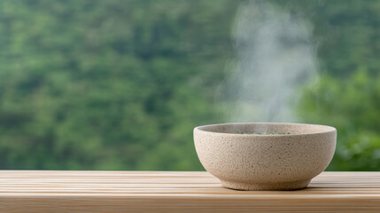Steaming bowl on wooden surface surrounded by lush greenery creates serene atmosphere