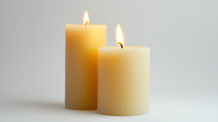 Group of three tall pillar candles with small flickering flames on white background.