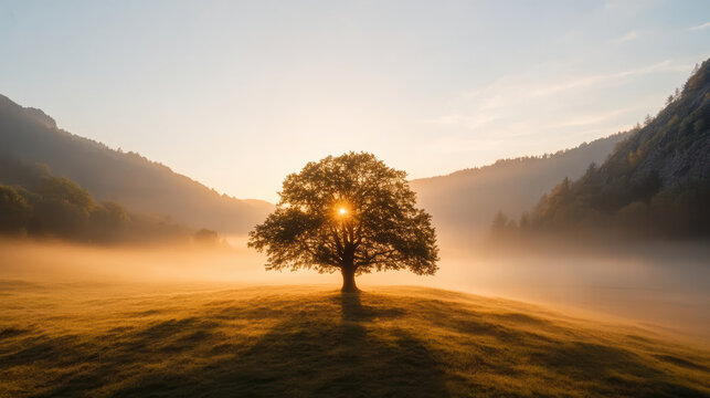 Serene sunrise illuminates solitary tree in misty landscape, creating moment of stillness