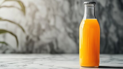 A fruit juice bottle mockup with a frosted glass finish, a vibrant juice color, and a sleek, metallic cap, on a marble surface 