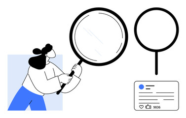 Woman holding magnifying glass examining social media post analytics. Ideal for research, strategy, analytics, social media marketing, data review, usability testing, simple landing page