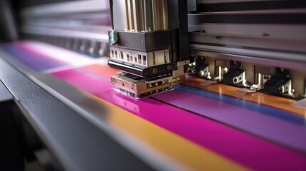 A large format printer creates vibrant, colorful prints on paper, showing the detailed process of digital printing technology in action.