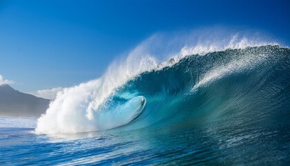 A powerful ocean wave curls under a clear blue sky near the coastline, showcasing the dynamic beauty of the sea.