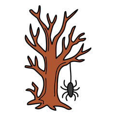 a cartoon spider hanging from a tree