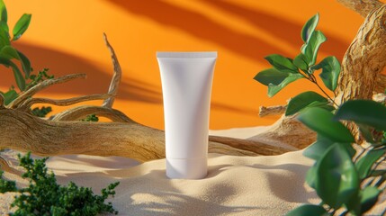 White tube sunscreen on desert sand, tropical plants