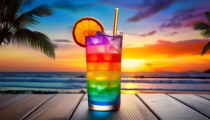 A vibrant rainbow cocktail with ice and lemon slice sits on a wooden table by the beach during a colorful sunset.