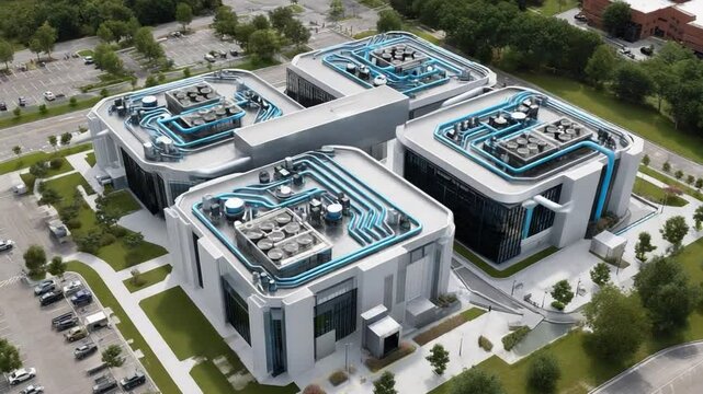 Modern Data Center Complex: A high-angle, drone-shot view of a state-of-the-art data center complex. The building features a unique architectural design.