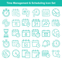 Teal line art shows an icon set featuring concepts related to time management and scheduling