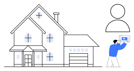 Two-story house with classic elements, a figure holding a tablet with video content, and a simple user profile icon. Ideal for real estate, online learning, home-based work, digital media, content