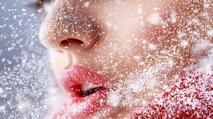 Fototapeta premium Person Blowing Snow Close Up Winter Scene with Red Scarf