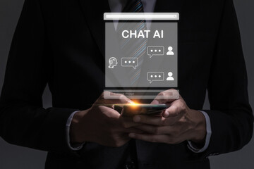 Chatbot AI. business people hand using on mobile smart phone with AI chatbot virtual icon diagram, artificial intelligence, customer support technology, business development, digital marketing concept