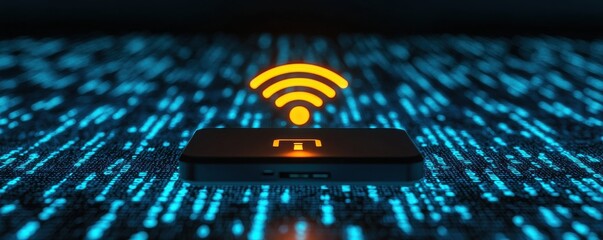 A smartphone displaying a Wi-Fi signal against a backdrop of digital code.