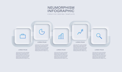 Five steps or options vector infographic template with icons and place for data. Neumorphism clean white infographic template