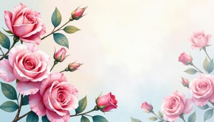 Fototapeta premium Delicate watercolor roses & leaves, soft pastel hues, watercolor floral, surface pattern