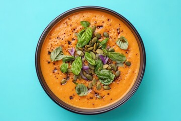 Orange soup topped with basil, seeds, and onion, isolated on blue. Use this image for food blogs, menus, or social media posts.