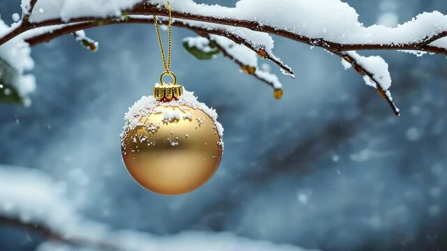 Golden ornament glistening on snowcovered branch in winter wonderland
