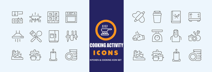 Naklejka premium kitchen icon set with food drink and cooking symbols