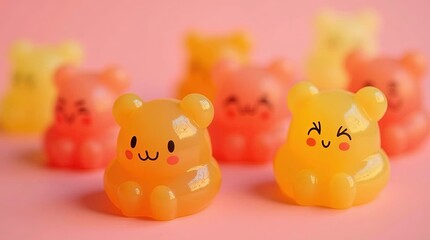Different cheerful gummy candy figures in various colors sit together on a bright backdrop
