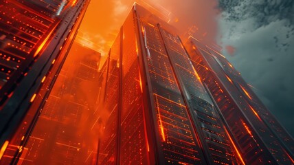 This striking image showcases a vibrant fluorescent orange server stack in an outdoor urban environment, illuminated against a moody sky.