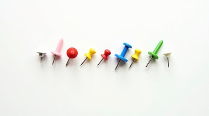Colorful pushpins scattered on a white background.