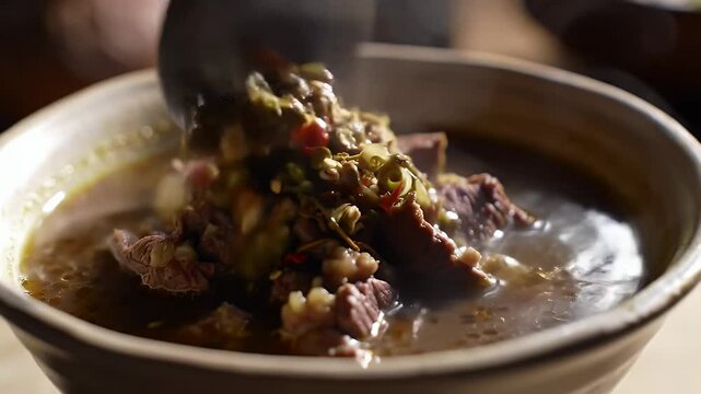 Close up View of Steaming Rawon Indonesian Beef Soup with Herbs and Spices in Brown Bowl in Dim Light