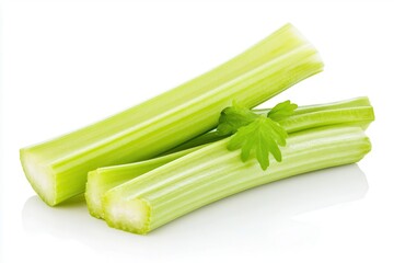 Fresh green celery stalks arranged on a white background, showcasing their crisp texture