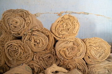 Spice factory in India, jute sacks, spicy food ingredient for sale, warehouse of supply chain, Kochi, Kerala 