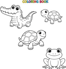 Cute funny crocodile, turtle and frog for coloring. Template for a coloring book with funny animals. Coloring page for kids.