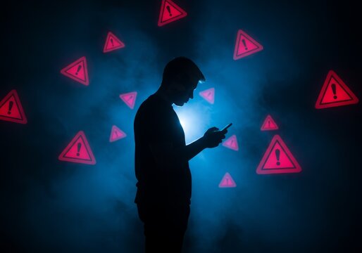 Silhouette man using smartphone surrounded by warning signs concept