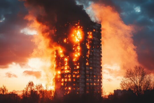 Tall building engulfed in flames and smoke, against a fiery sunset sky. For reports on fire safety, urban planning, and disaster response topics.