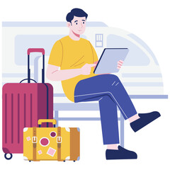 People Traveling Illustration. Vector illustration of A young man sits at a train station with his luggage, using a tablet while waiting for his transportation. Isolated on background
