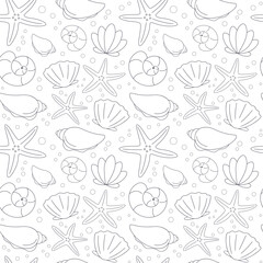 Seamless vector pattern with outline shells and starfish for textile printing, wallpaper, decorative background